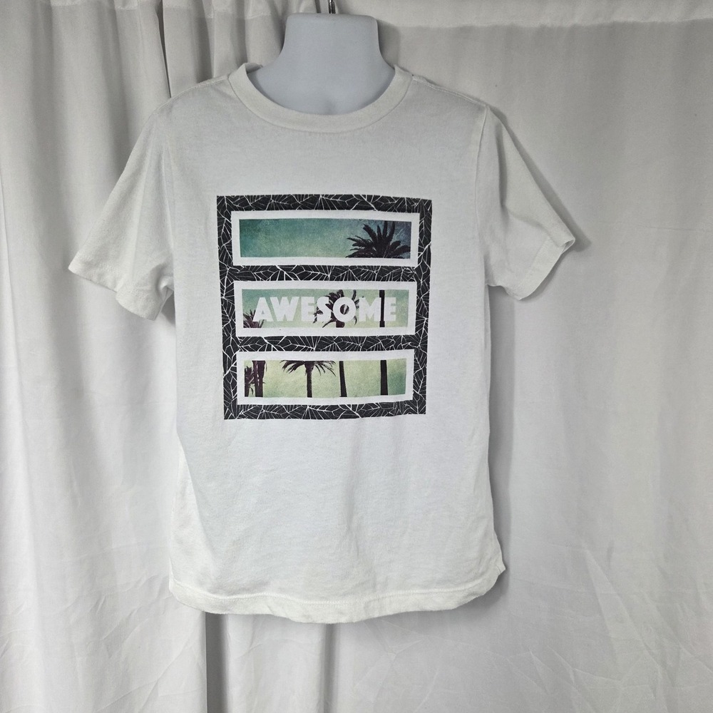 Old Navy Shirt Kids Size 6-7 White Awesome Palm Trees Graphic Tee Top Casual